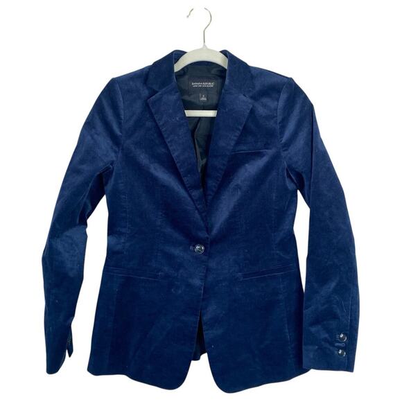 BANANA REPUBLIC Long and Lean Blazer Blue Velvet Size 2 Holiday Party Navy - Picture 2 of 6